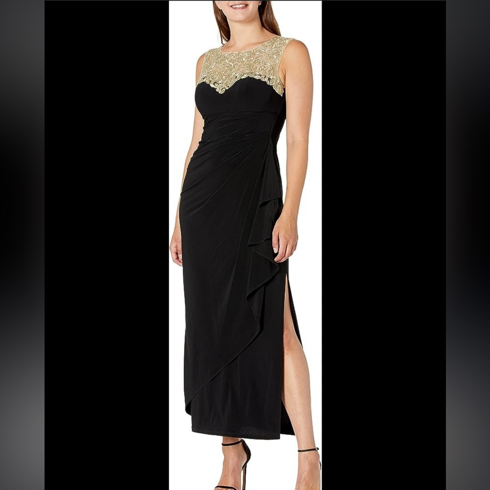 SLNY Black Gold Sleeveless Illusion Gown Front Slit Formal Dress